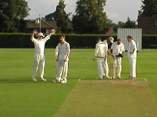 The post-wicket huddle.